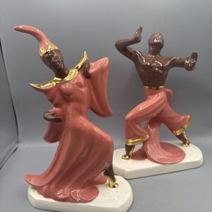 Vintage Hand Painted Balinese Dancer Couple Ceramic Male Female Figure MCM 11"